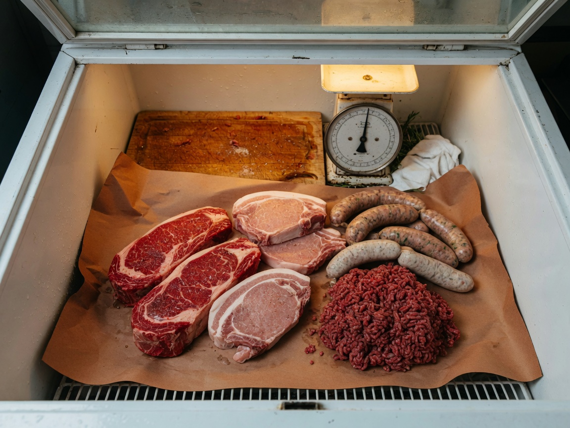 Farm-fresh beef steaks, pork chops, sausage, and ground beef