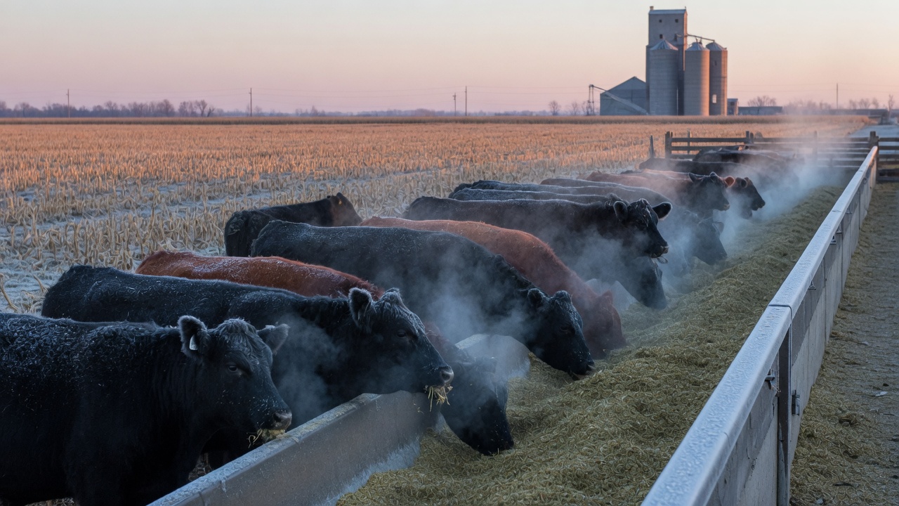 Cattle eating at a feed bunk at dawn with an elevator on the horizon