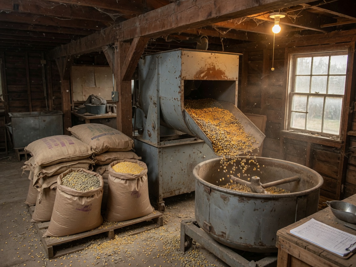 Custom feed mixer filling a steel tub with cracked corn