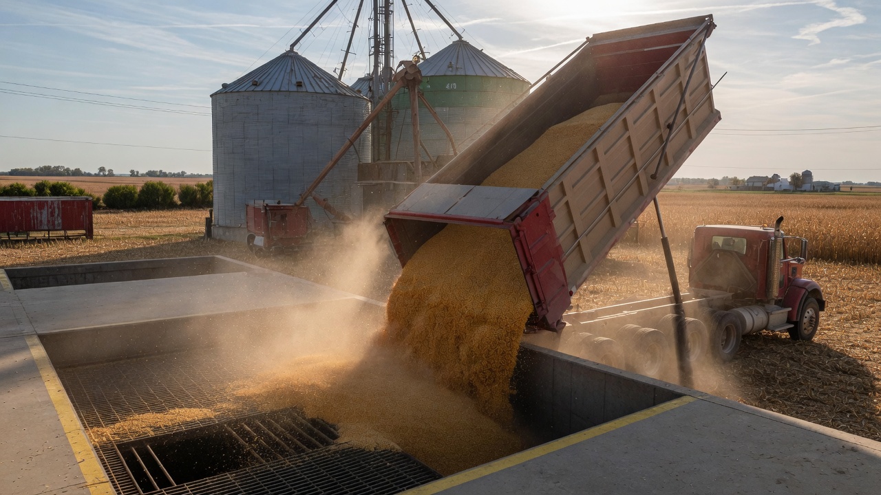 Grain truck dumping corn into an elevator pit