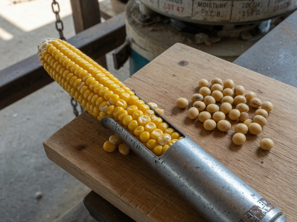 Corn and soybeans on a mill sample board