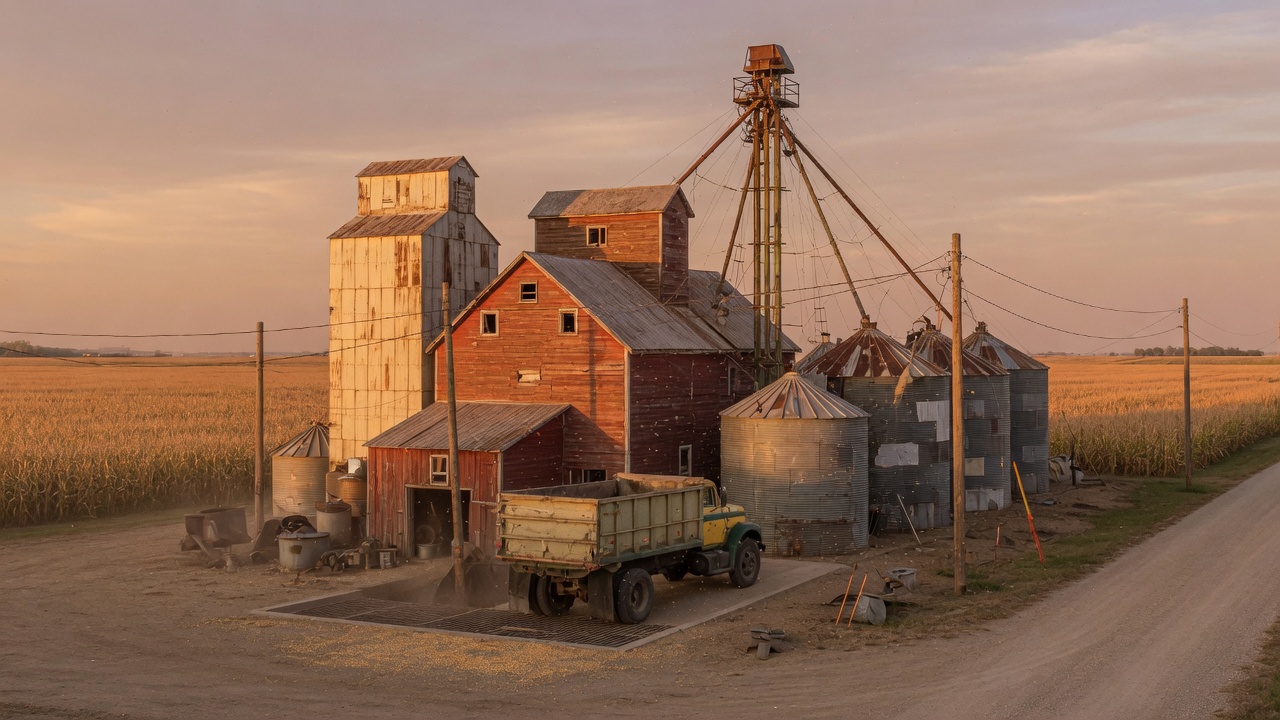 Country grain mill and elevator at sunset beside cornfields