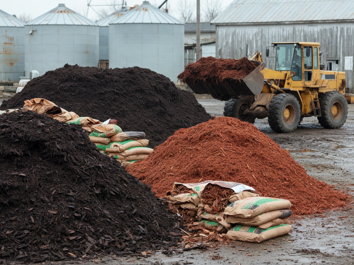 Piles of hardwood and cedar mulch with bagged mulch at a mill yard