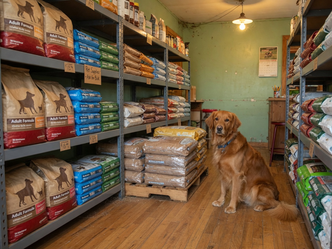Aisle of dog and cat food in a country farm store