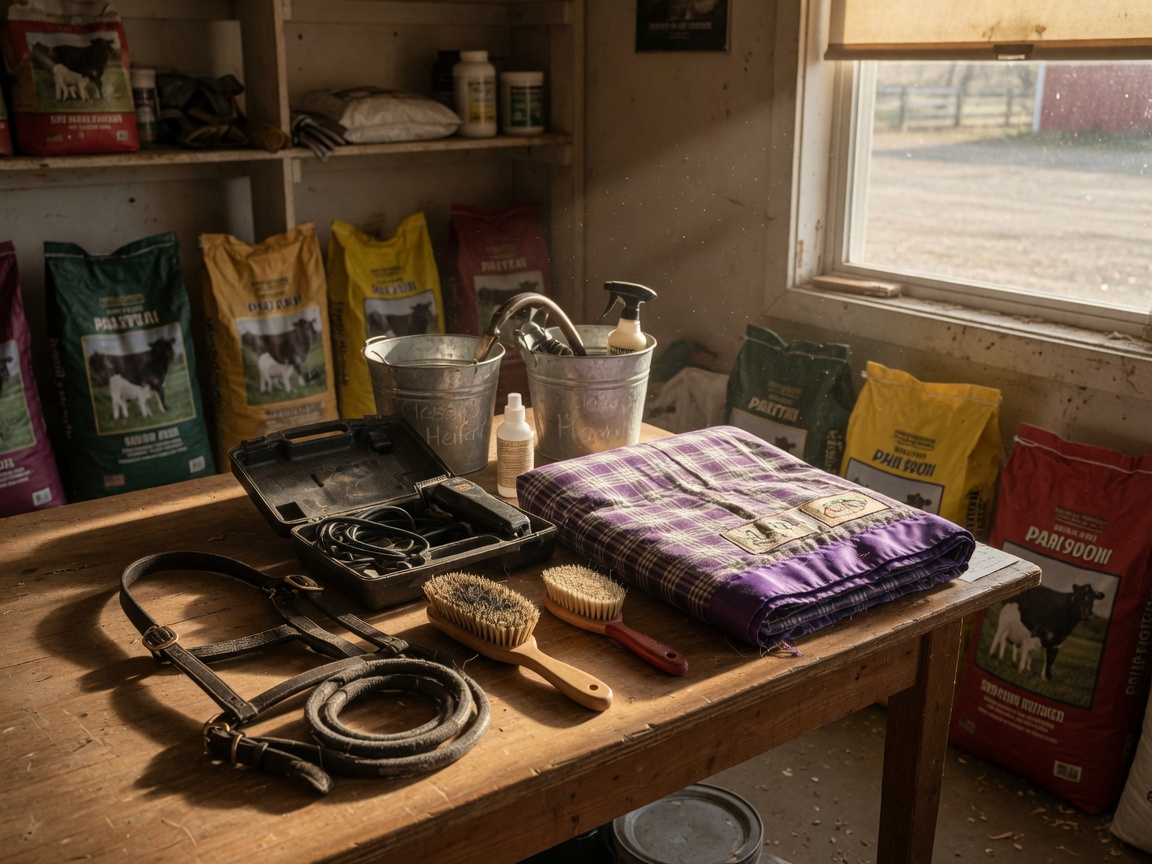 Show halter, clippers, brushes, and a show blanket on a wooden table