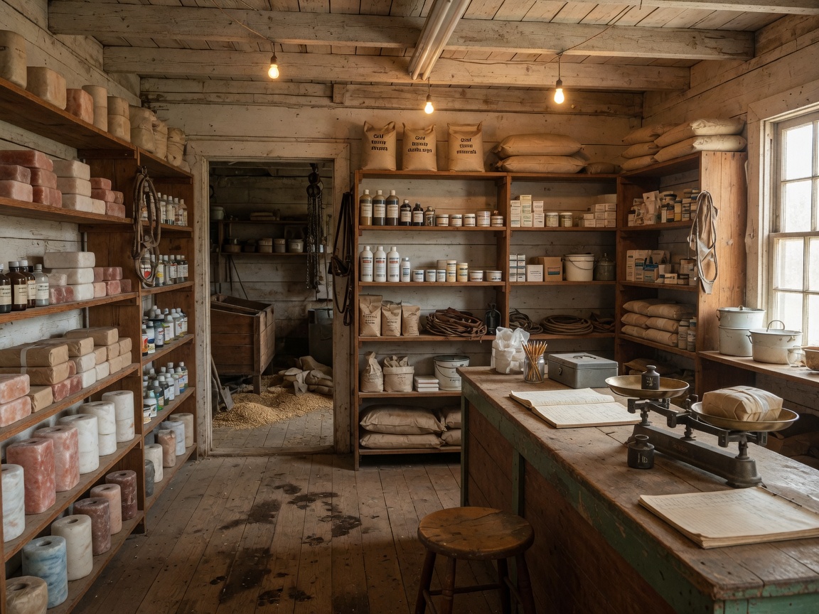 Wooden farm-store counter with mineral blocks, animal health products, and a scale